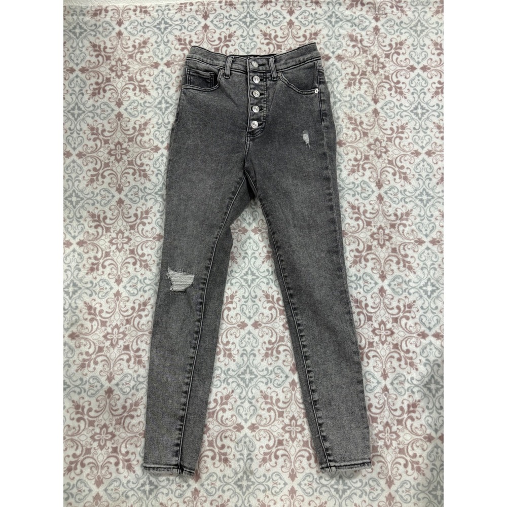 Express High Rise Skinny Jeans Womens 4R Faded Black Button Fly Distressed Denim